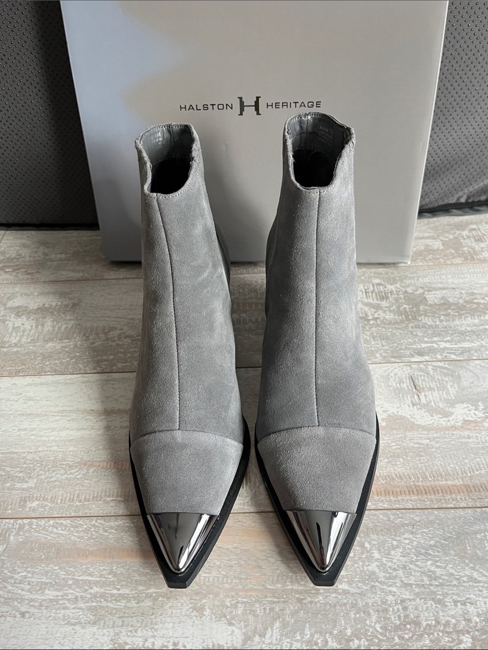 Halston Heritage Gray Suede Pointed Toe Ankle Booties with Silver Metal Cap 7M